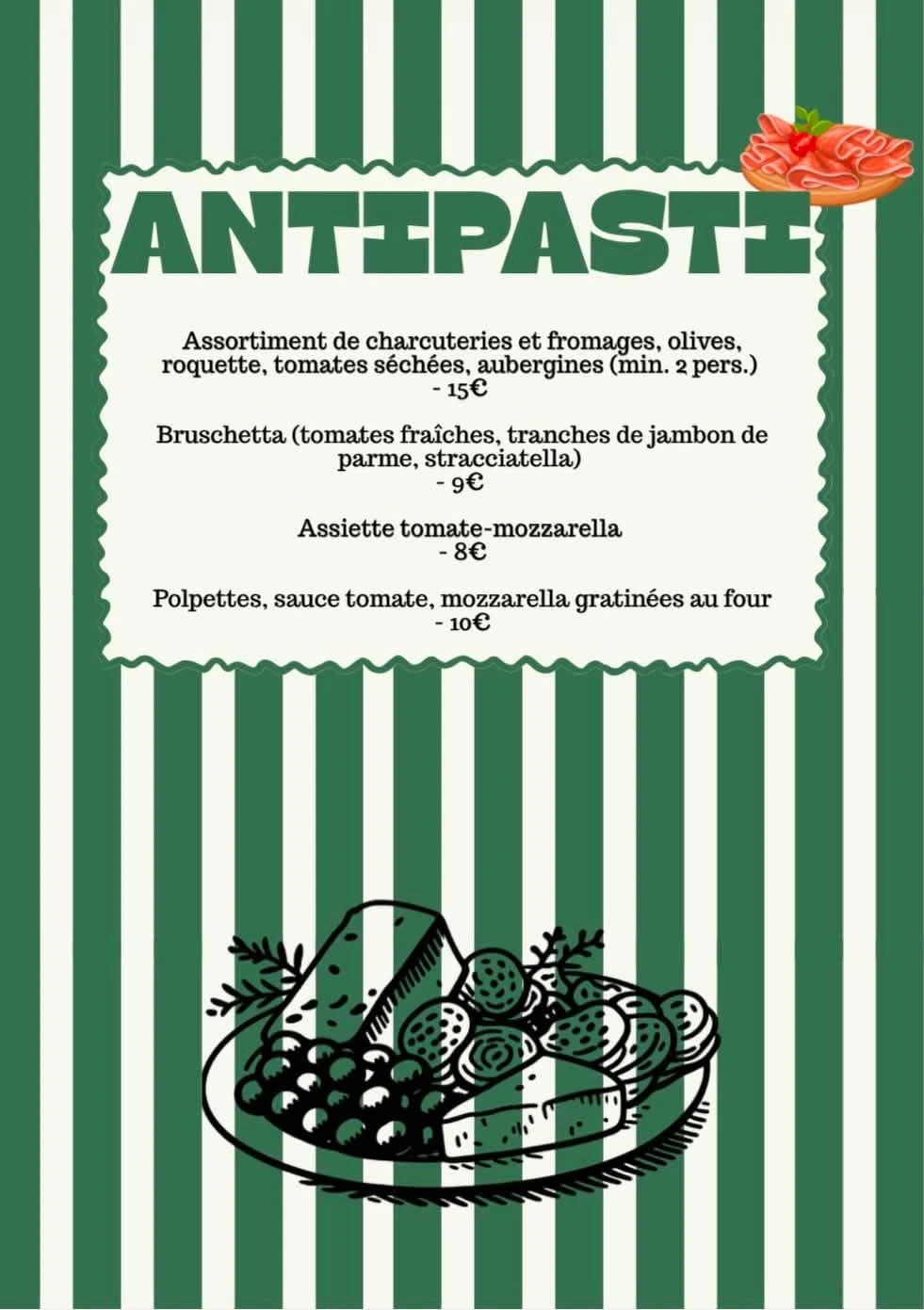 Carte des antipasti de la pizzeria Da Giaccio e Lombardo