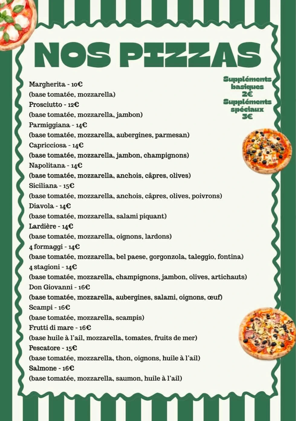 Carte des pizzas au feu de bois Da Giaccio e Lombardo